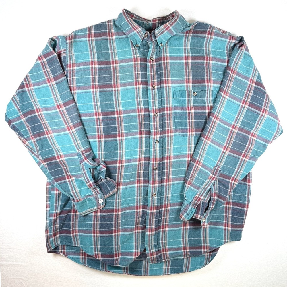 Vintage Stanley Blacker Mens Teal Plaid Button Down Flannel Shirt XL Pocket